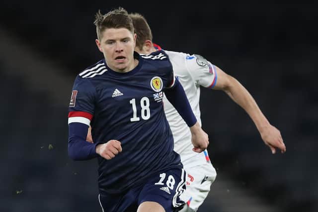 GLASGOW, SCOTLAND - MARCH 31: Kevin Nisbet of Scotland controls the ball during the FIFA World Cup 2022 Qatar qualifying match between Scotland and Faroe Islands on March 31, 2021 in Glasgow, Scotland. (Photo by Ian MacNicol/Getty Images)