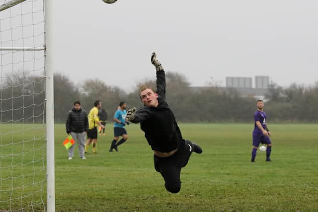 The Waterlooville Wanderers Reserves keeper pulls off a flying save against Old Boys. Picture by Kevin Shipp
