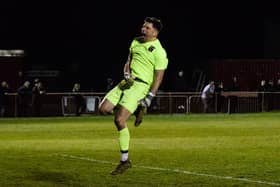 Fareham Town keeper Henry Woodcock celebrates at the final whistle after Tuesday's 1-0 Wessex League Cup win against AFC Portchester. Picture: Daniel Haswell