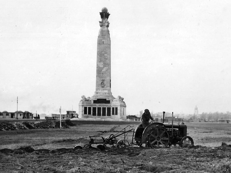 With the  Royal Naval Memorial to the rear we see Southsea Common being ploughed for vegetable growing. Undated
