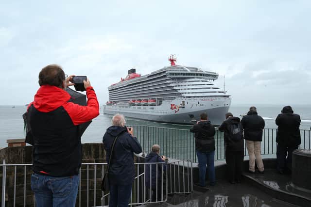 Arrival of Virgin cruise ship Scarlet Lady in Portsmouth. Picture: Chris Moorhouse (jpns 210621-01)