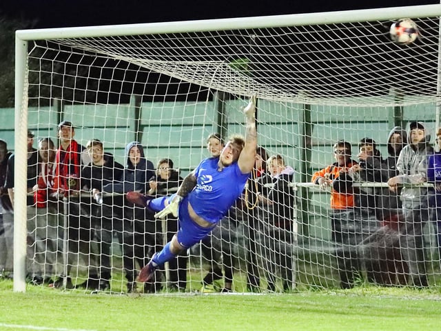 Luke Deacon can't stop this Fleetlands penalty. Picture by Ken Walker