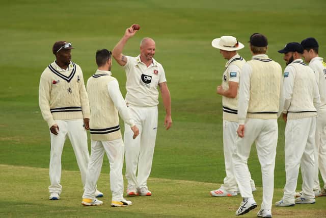 Darren Stevens  celebrates taking five wickets during the first day of the Bob Willis Trophy match between Kent and Hampshire. Photo by Alex Davidson/Getty Images.