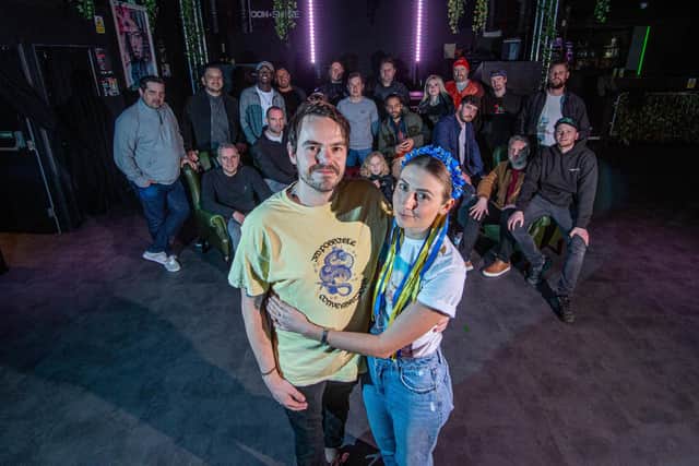 Rave for Ukraine announcement at Moonshine Club, Southsea on Wednesday 23rd March 2022Pictured: Organisers Kriss Baird and Olga Kravchenko with Local DJs, performers and artists at the Moonshine ClubPicture: Habibur Rahman