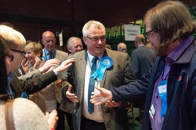 Cllr Geoff Fazackarley (centre), after being elected as Conservative councillor for Fareham South.

Picture Credit: Keith Woodland