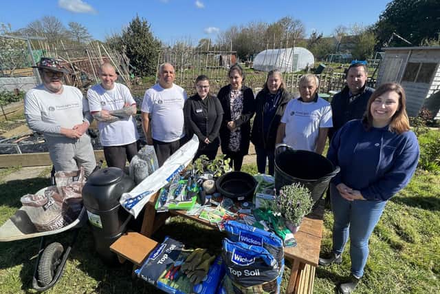 From left - veterans Tim Pugh, Paul McCann and Leslie Aldridge, Pharmacy Assistant Lisa Mcallister, Pushpinder Laly, FirstLight Trust Support Coordinator Sam Fry, David Atkinson, Pharmacist Kom Hlapatsos and FirstLight Trust’s Activity Coordinator Riah Bunce