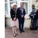 Lord Mayor of Portsmouth Rob Wood and Lady Mayoress Debra Wood with Christopher Broughton and his scarecrow PC Plod