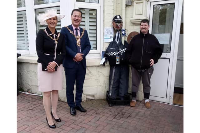 Lord Mayor of Portsmouth Rob Wood and Lady Mayoress Debra Wood with Christopher Broughton and his scarecrow PC Plod