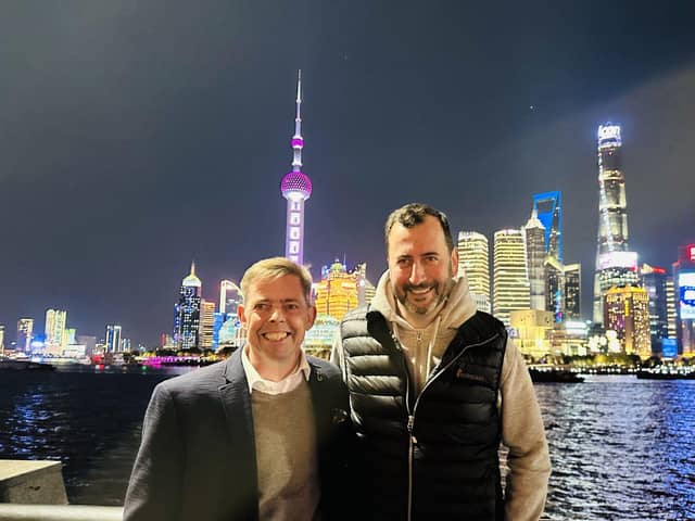 UNITED: Barnbrook Systems managing director Andrew Barnett, left, and Flair director Richard Dunn, right, in Shanghai on a joint business trip