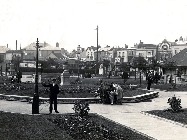 Gosport Esplanade Gardens. Admiral Gambier's old drinking fountain, built in 1870, is visible on the left of this view of Esplanade Gardens from about 1930. Note the diversity of building styles fronting Beach Street, including the Alexandra Dining Rooms