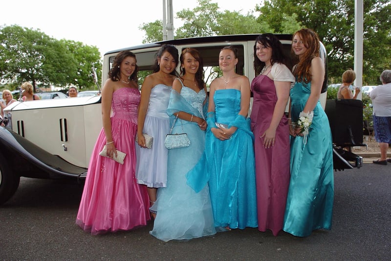 Katherine Robinson (16), Susan Tran (16), Clare Partridge (16), Naomi Brennan (15), Lauren Harris (16), and Kayleigh Travers (16) at St Edmund's Catholic School's prom at The Marriott Hotel in Portsmouth in July 2006. Picture: (062937-76)