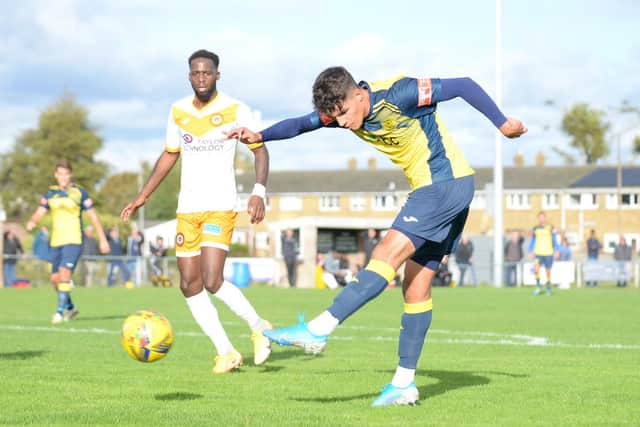 Alex Lafleur goes for goal during Moneyfields'  FA Cup loss to Cray Wanderers. Picture: Martyn White.