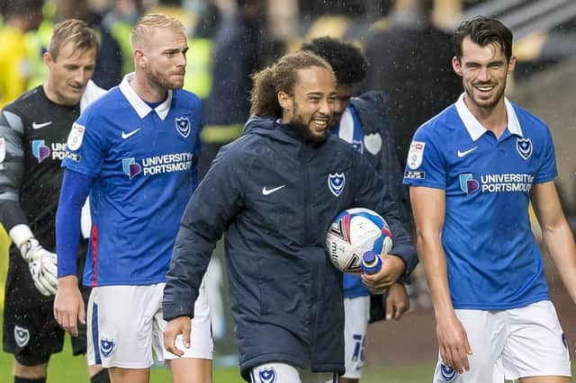 Marcus Harness celebrates Pompey's victory with the match ball.  Picture: by Daniel Chesterton/phcimages.com