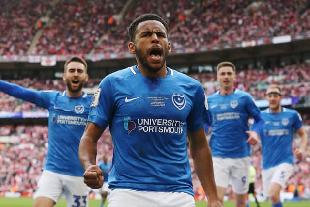 Nathan Thompson celebrates scoring for Pompey at Wembley. Picture: Joe Pepler