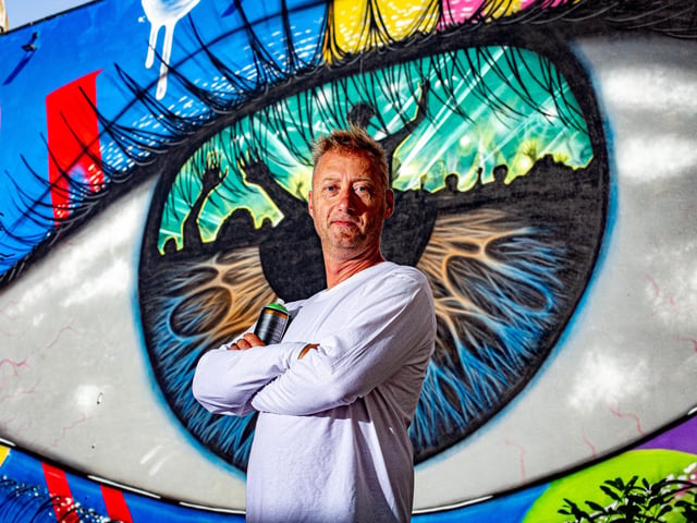 Artist Paul Stone aka My Dog Sighs has completed his part of artwork for the Street Art Festival later on September. Pictured: My Dog Sighs outside The Astoria, Guildhall, Portsmouth on Tuesday 5th September 2023. Picture: Habibur Rahman.