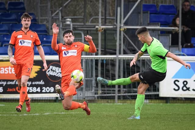 Portchester's Steve Ramsey blocks a shot during his side's game against Wessex title rivals Alresford. If the Western League had their way, all grassroots football would be declared null and void in 2019/20. Picture: Keith Woodland