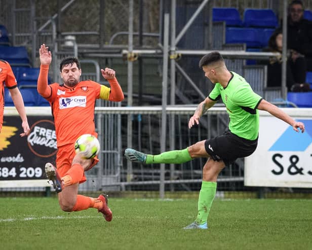 Portchester's Steve Ramsey blocks a shot during his side's game against Wessex title rivals Alresford. If the Western League had their way, all grassroots football would be declared null and void in 2019/20. Picture: Keith Woodland