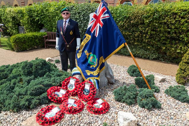 Peter Helsby, standard bearer for the RMA, at the Falklands Memorial. Picture: Mike Cooter (210522)