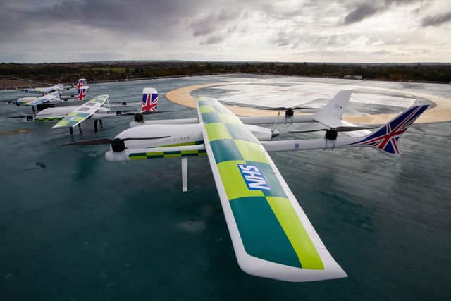 The NHS is to use drones to courier chemotherapy drugs in a bid to speed up the delivery of vital medicines, cutting the delivery time from four hours to 30 minutes. The trial will see a drone courier chemotherapy drugs from the pharmacy at Portsmouth Hospitals University NHS Trust to St Mary's Hospital on the Isle of Wight. Issue date: Tuesday July 5, 2022.