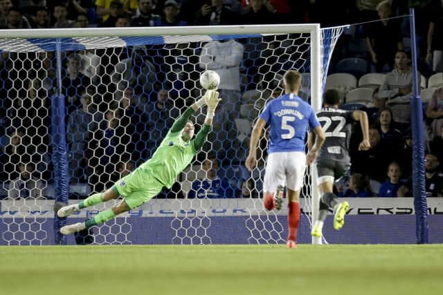 Jude Bellingham sees his effort on goal tipped over the bar by Pompey keeper Craig MacGillivray during Birmingham's 3-0 Carabao Cup defeat at Fratton Park in 2019  Picture:  Robin Jones.