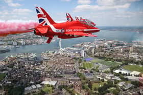 The Red Arrows performing a fly-past during the UK's national commemorative event for the 80th anniversary of D-Day on Southsea Common. Photo: Cpl Phil Dye/MoD/Crown Copyright/PA Wire