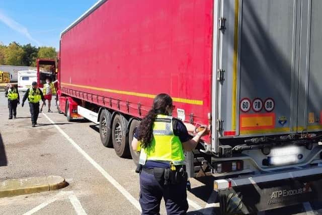 Hampshire Constabulary check lorries for human trafficking.

Photograph: Hampshire Constabulary