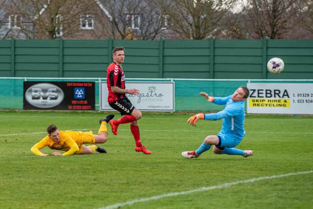 Gary Austin scores for Fareham against Bashley in November 2019. Picture: Vernon Nash
