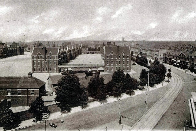 Victoria Barracks around 1920 taken from the roof of the former Pier Hotel which stood on the corner of Bellevue Terrace and Southsea Terrace.The junction of Victoria Avenue and Bellevue Terrace (lower) with Jubilee Terrace disappearing around the bend. On the skyline can be seen the clock tower of the Guildhall, centre. To the lower left a figure, possibly a shepherd, is either herding a flock of sheep or maybe pigs south along Victoria Avenue! Amazingly, the road has been built so wide as if the designers knew the one day the car, and not one to be seen here, was coming.The barrack blocks have all since been demolished, apart from a north block that was retained and is now the city museum.The remainder is now Pembroke Park, and all private housing. The tramlines have also long gone of course.The last trams ran in the city in November 1936