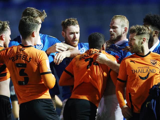Pompey and Oxford players clashed after last week's 1-1 draw. Picture: Joe Pepler