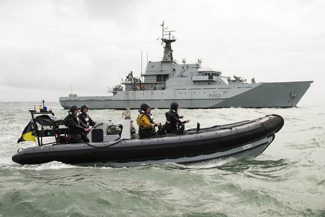 HMS Mersey, one of the Royal Navy's fishery protection ships, during a visit to Shoreham in West Sussex.