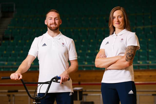 MANCHESTER, ENGLAND - JUNE 18: Declan Brooks and Charlotte Worthington of Great Britain pose for a photo to mark the official announcement of the cycling team selected to Team GB for the Tokyo 2020 Olympic Games on June 18, 2021 in Manchester, England. (Photo by Barrington Coombs/Getty Images for British Olympic Association)