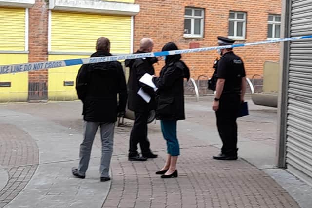 Police in Slindon Street in Portsmouth city centre after an incident which has seen Arundel Street, Yapton Street and Slindon Street taped off on April 30, 2021.
