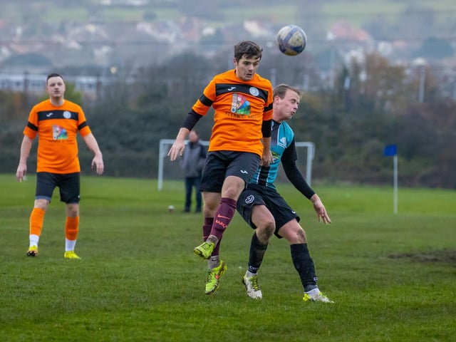 Bransbury Wanderers Reserves (orange) v Farlington Rovers. Picture by Alex Shute