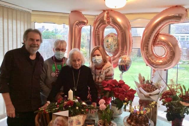 Dot’s son, Chris, with Anna Hansley,  Dot,  and Home Instead, Havant care staff member, Sarah Dickinson.