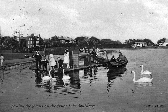 The swan house area and gondolas at Canoe Lake, Southsea