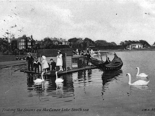The swan house area and gondolas at Canoe Lake, Southsea