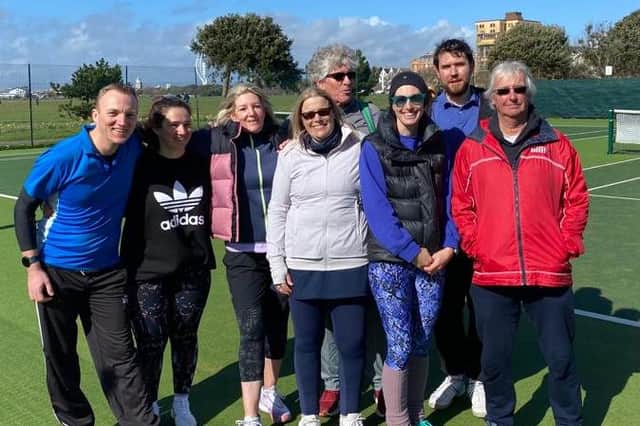 Southsea v Ryde Lawn 3 (from left) Richard Libby, Emily Last, Clare Keiditsch, Helen Peak, Geoff George (behind Helen), John Kemble (back), Emma Wheeler, Stuart Brett
