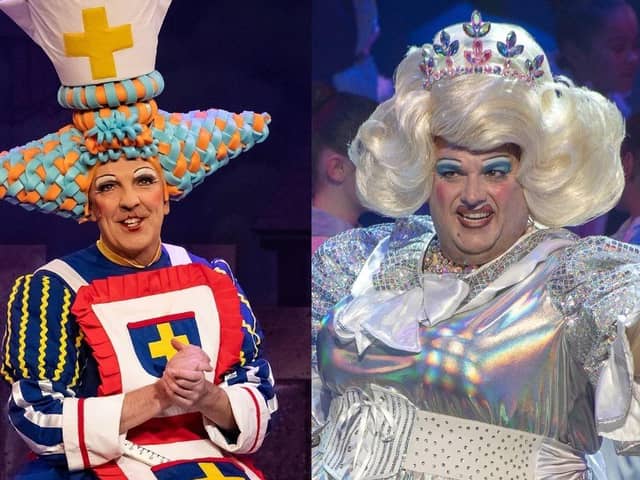 Michael Neilson as Nurse Nelly in New Theatre Royal's Sleeping Beauty (left) and Jack Edwards as The Fairy Godmother in The Kings Theatre's Cinderella