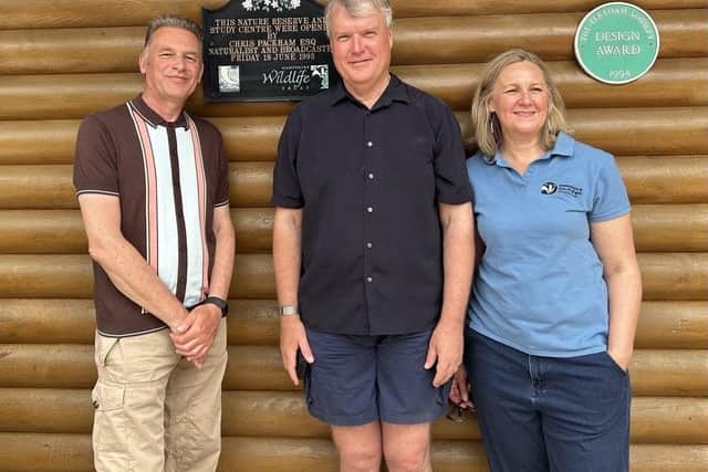 L-R: Chris Packham CBE, Fareham Council’s Executive Leader Councillor, Seán Woodward, and HIWWT’s CEO, Debbie Tann at the event.