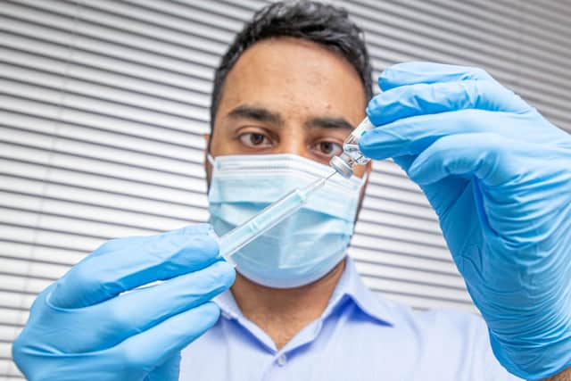 Krishan Patel with the Covid vaccine at Goldchem pharmacy, Southsea on 16 July 2021

Picture: Habibur Rahman