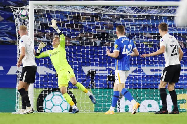 Craig MacGillivray was Gaffer for a day Jon Glen's man of the match - but was unable to keep out Viktor Gyokeres' strike in Pompey's 4-0 loss to Brighton. Picture: Joe Pepler