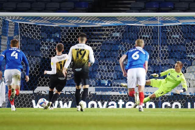 Crewe's Oliver Finney scored a consolation penalty against Pompey. Picture: Joe Pepler