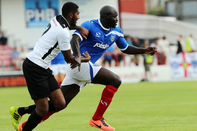 Patrick Agyemang in action against Ebbsfleet during Pompey's pre-season in July 2014. The striker retired at the end of the 2014-15 campaign. Picture: Joe Pepler
