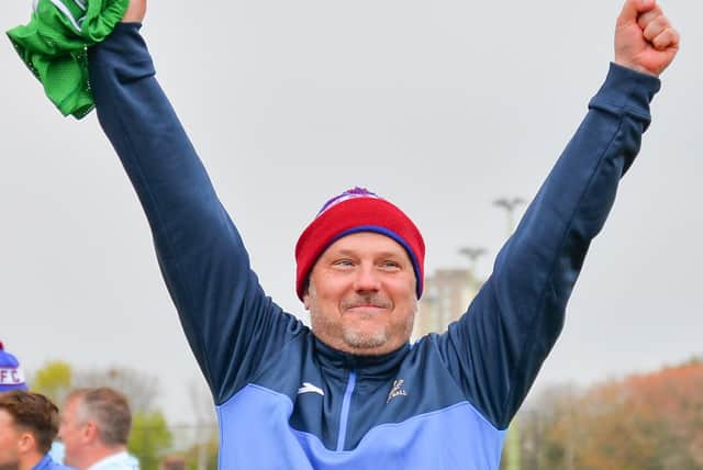 US Portsmouth boss Glenn Turnbull celebrates his side's FA Vase quarter-final victory over Flackwell Heath last weekend. Picture: Martyn White.
