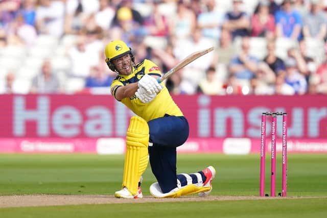 Hampshire's Joe Weatherley hits a six on his way to a T20 Blast best 71. Picture: Mike Egerton/PA Wire.
