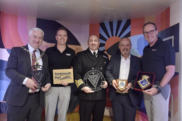 Virgin's Resilient Lady cruise ship at Portsmouth International Port on Tuesday, August 27, 2024.

Pictured is: (l-r) The deputy Lord Mayor of Portsmouth Gerald Vernon-Jackson, Andrew Eglin, general manager for Virgin Resilient Lady, captain Lee McLocklan, captain of the naval base and Commanding Officer of HMS Nelson, Ian Diaper, deputy director of Portsmouth International Port and captain Marco Carsjens of Virgin's Resilient Lady.

Picture: Sarah Standing (270824-458)