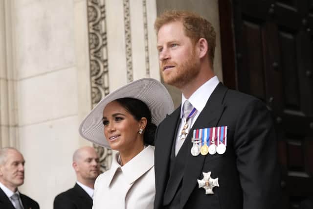 The Duke and Duchess of Sussex leaving the National Service of Thanksgiving at St Paul's Cathedral, London, on day two of the Platinum Jubilee celebrations for Queen Elizabeth II. Picture date: Friday June 3, 2022.