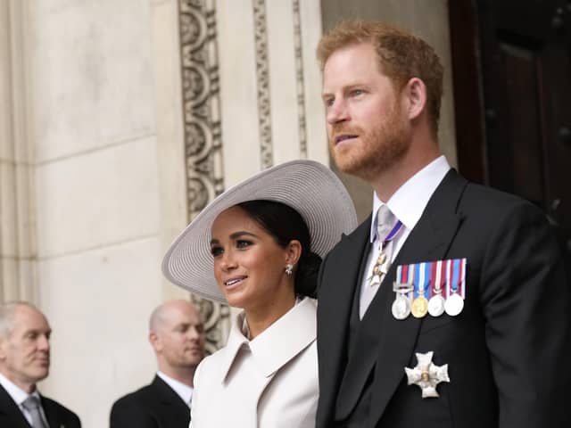 The Duke and Duchess of Sussex leaving the National Service of Thanksgiving at St Paul's Cathedral, London, on day two of the Platinum Jubilee celebrations for Queen Elizabeth II. Picture date: Friday June 3, 2022.