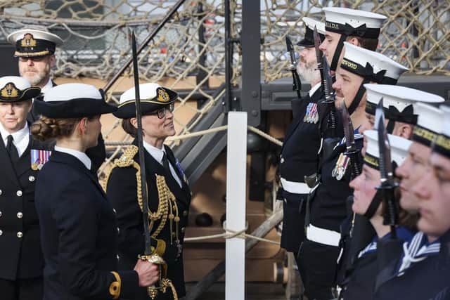 Cdre Jo Adey RN inspecting the Guard of Honour, formed of sailors from Royal Navy Reserve units. Picture: LPhot Belinda Alker/Royal Navy.