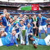 Pompey celebrate their Checkatrade Trophy final in 2019. Picture: Joe Pepler